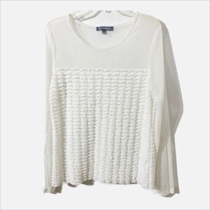 ny collection Ruffle and Sheer Mesh Pullover Long Sleeve Scoop Neck Blouse White